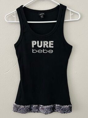 Y2K Pure Bebe Tank Top Sz L Black Silver Ribbed Rhinestone Sequined Studded Logo
